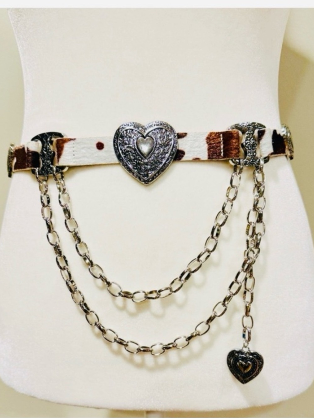 Haute Hippie Brown & White Cowhide Heart Concho Chain Waist Belt